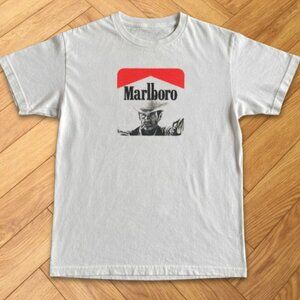 Marlboro Cowboy Logo Graphic Tee White Western Style Cowboy Illustration Shirt